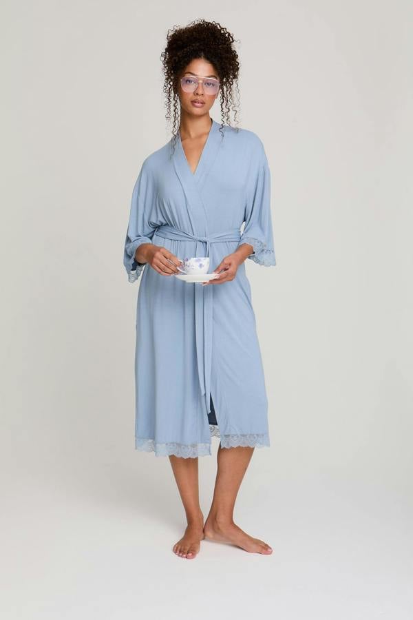 Bamboo Lace Kimono Robe in Blue Mist - Wholesale - Robes