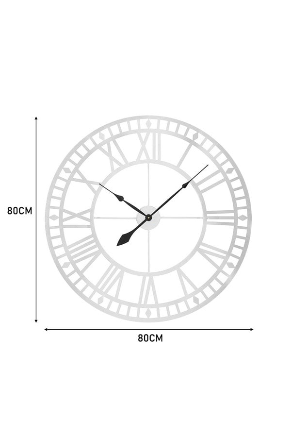Living and Home 80cm Dia Silver Roman Numerals Metal Wall Clock