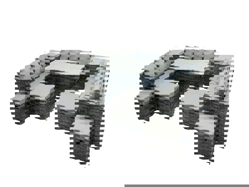 Fimous Rattan Dining Table Sofa Set with 2 Side Tables 4 Stools Outdoor 13 Seat Garden Furniture Set Dark Grey Mixed