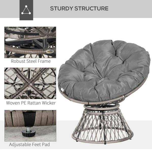 Grey Papasan chair with woven rattan wicker basket base, padded cushion and sturdy frame