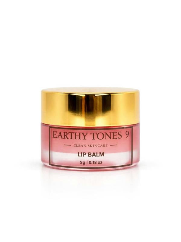 Earthy Tones 9 lip balm container with gold lid and pink body on a white background