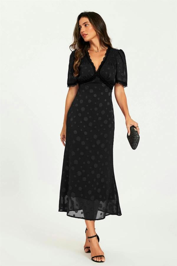 FS Collection Polka Dot Jacquard Lace Trim Midi Dress In Black
