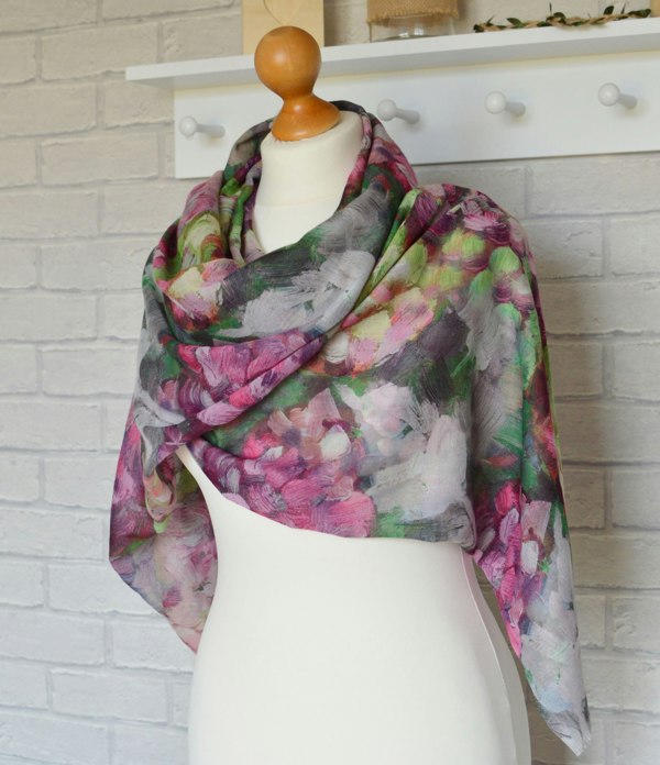 Antonia York Abstract Floral Scarf | Clara Brush Stroke Watercolour Pink Green Grey Wrap