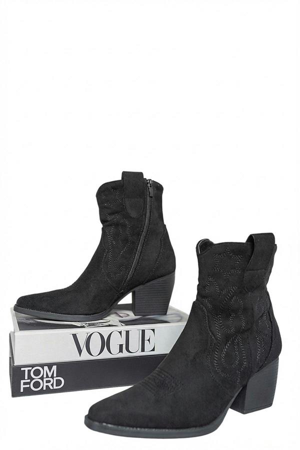 Laura Suede Cowboy Ankle Length Boots - Black_wb