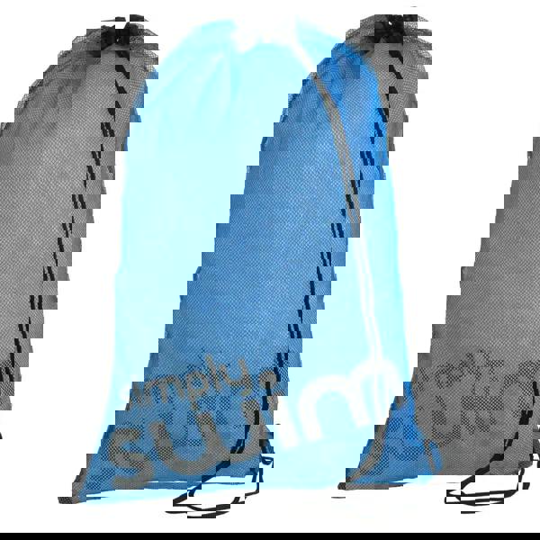 Blue Simply Swim mesh bag with drawstring and text design