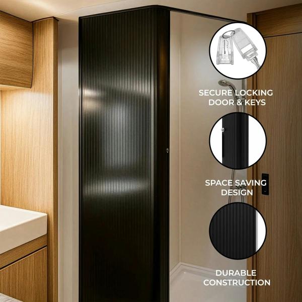 Sleek black Tambour shower door featuring a secure locking mechanism, space-saving design, and durable construction in a modern bathroom setting