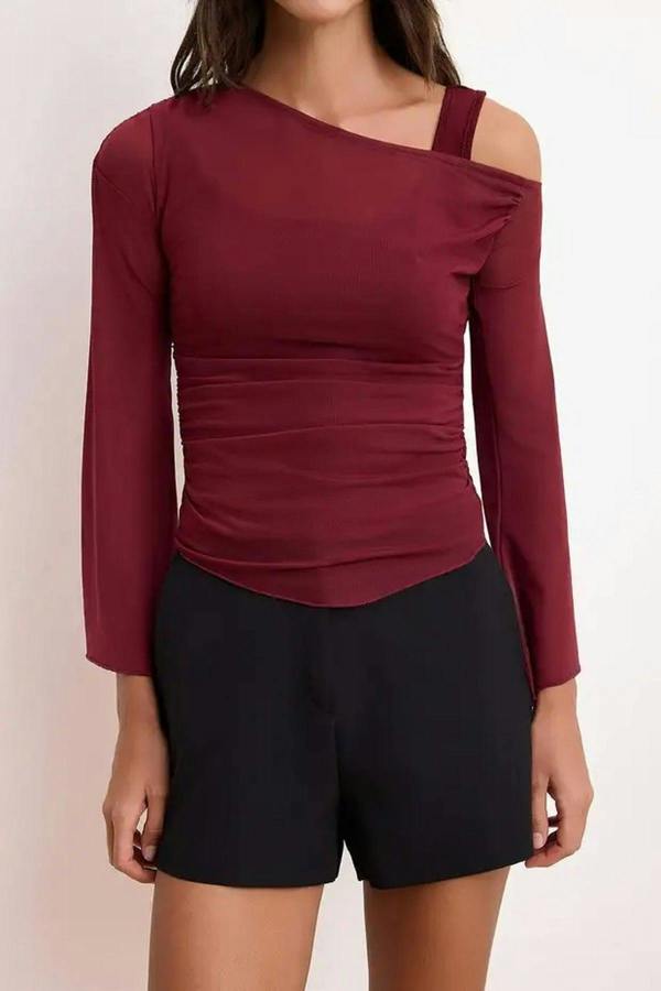 WOVCOR Fitted Asymmetric Neck Long Sleeve Ruched Mesh Blouse