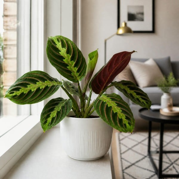 Maranta Leuconeura Prayer Plant 12cm - Beautiful Tricolour Indoor Foliage - Glossy White Ceramic Pot - 1