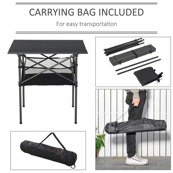 Black folding camping table with included storage and carrying bags, set of parts shown.