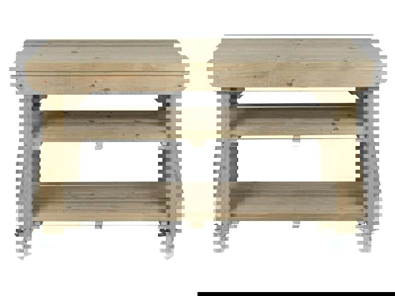 Indoor/Outdoor Pressure-Treated Double Shelf with wheels Workbench, a robust and versatile solution for all your workspace needs. Handcrafted in the UK, this workbench is constructed from high-quality, pressure-treated timber, ensuring durability and resistance to the elements, making it suitable for both indoor and outdoor use.