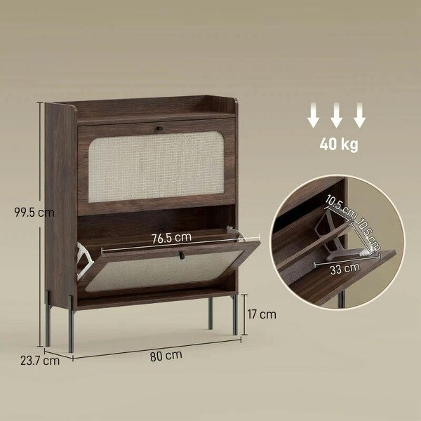 Shoe Cabinet with 2 Flip Drawers, Boho Narrow Shoe Storage Cabinet, Dark Brown
