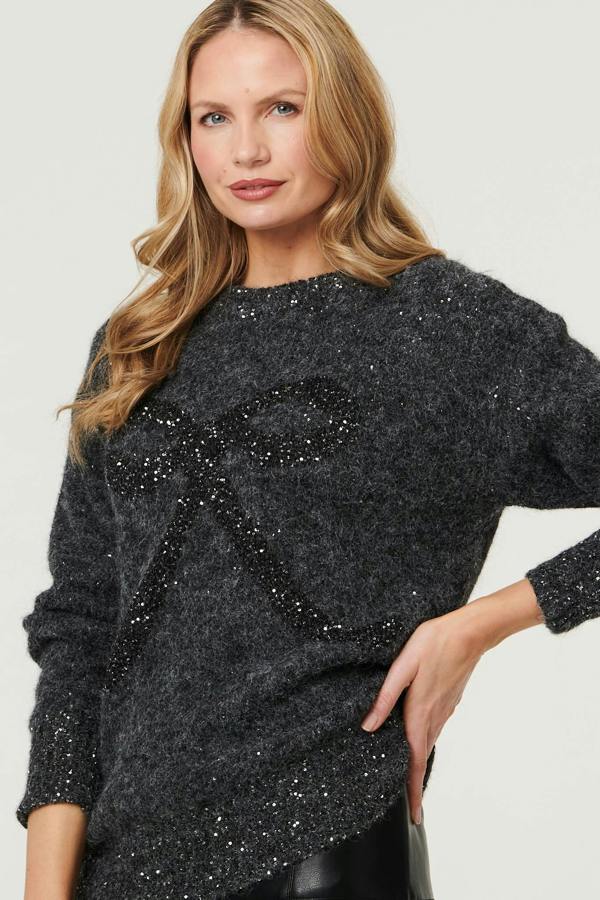 Grey | Sparkle Texture Bow Print Jumper