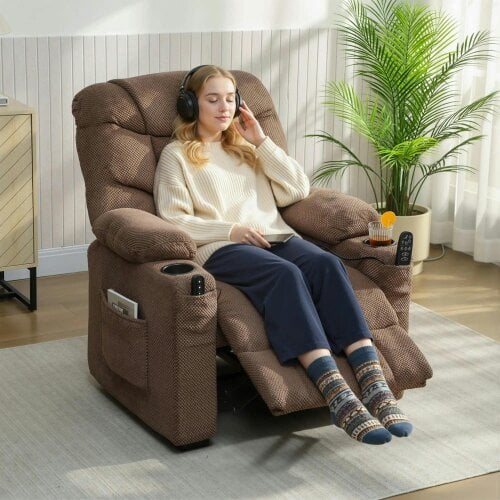 Bobobiy Electric Massage Recliner Armchair with Vibration, Whisper-Quiet Motor, Fleece Power Reclining Chair with Spring Pack, Brown