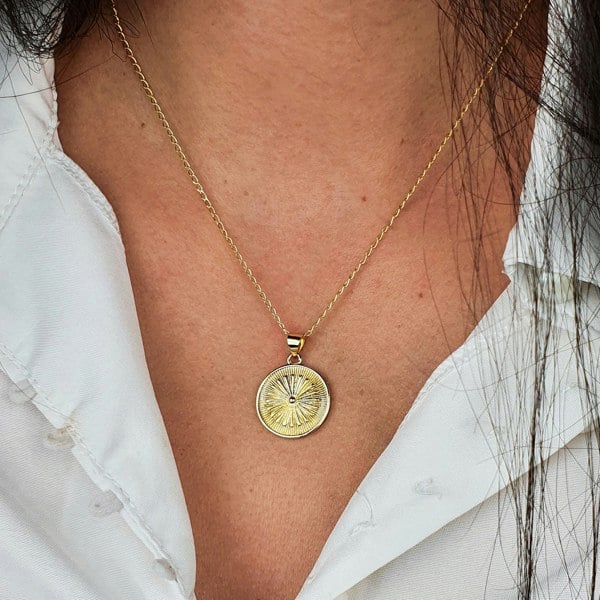 Gold Plated Round Coin Medallion Sun Charm Necklace