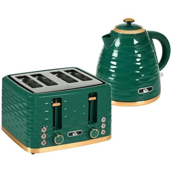 Green 4-slice toaster and kettle set with gold-trim base and control knobs.