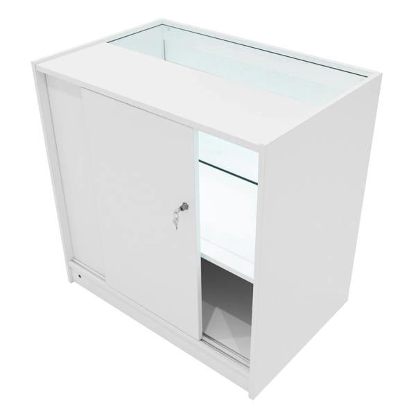 Harmonia LED shop counter set in white, featuring a sleek design, glass display top, sliding door, and interior lighting for showcasing products
