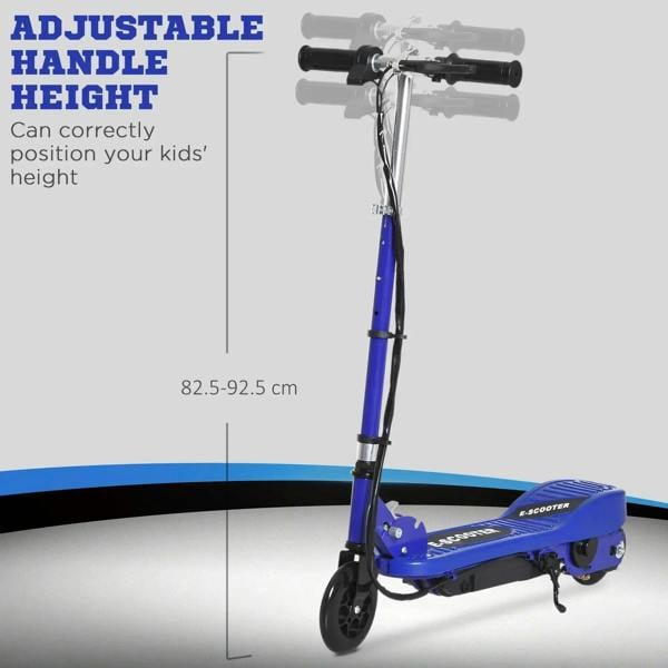 Blue folding electric kids scooter with adjustable handle height and black wheels
