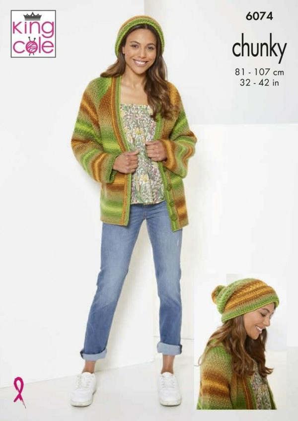 King Cole Riot Chunky Knitting Pattern 6074, Sweaters, Cardigans, Headwear for Women, 32 - 42 Inches