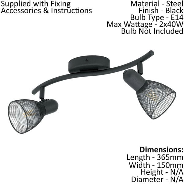 Flush Ceiling 2 Spot Light Colour Black Wave Bracket Mesh Look Shade E14 2x40W Loops