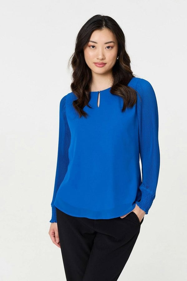 Blue | Keyhole Cut-Out Neck Long Sleeve Blouse
