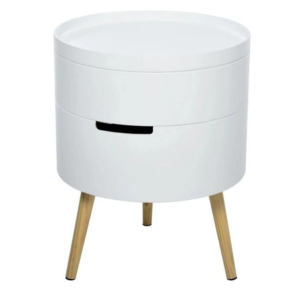 White round 3-tier coffee table with drawer-style handle and wooden legs
