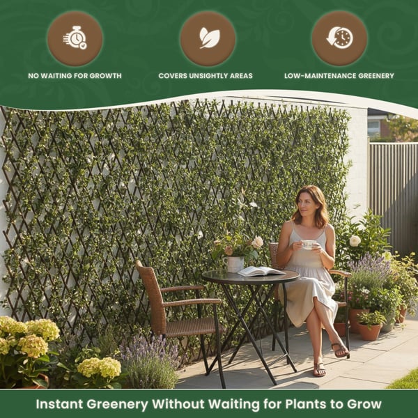 Expanding Willow Garden Trellis with Buxus Leaves, 2m x 1m Extendable Privacy Screen Panel, Decorative Greenery Fence Cover