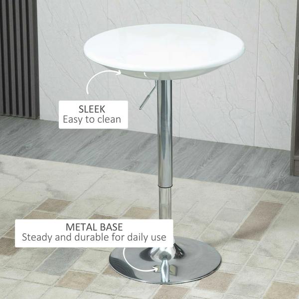 White round bar table with sleek easy-clean surface and chrome metal base