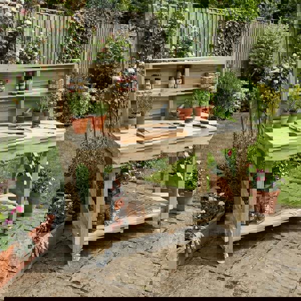 Arbor Garden Solutions Indoor/outdoor workbench, pressure treated bench with back panel and wheels