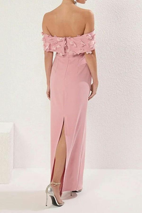 WOVCOR Carmen Collar Woven Long Dress with Floral Applique Detail