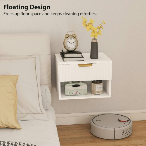 Wyld Haus Ludi Set Of 2 Wooden White Wall Mounted Bedside Tables With Fluted Drawer And Shelf