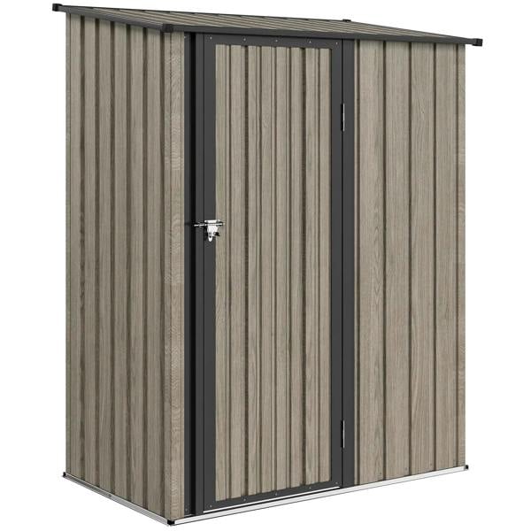 Light grey metal storage shed with lockable door, sloped roof edge