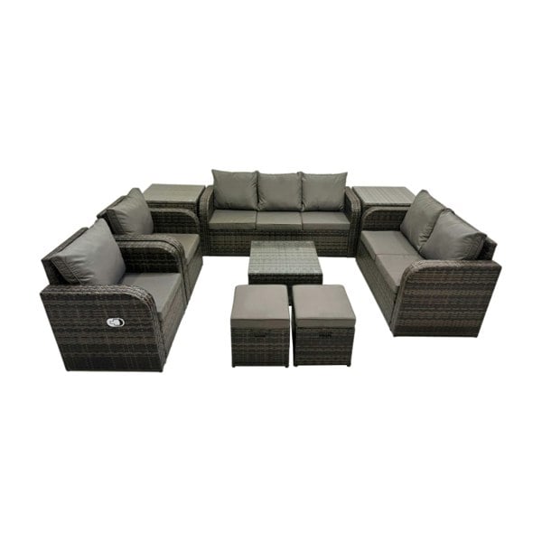 Fimous 3 Seater Sofa Reclining Chair Coffee Table Set Rattan Garden Outdoor Furniture Set with 2 Side Tables 2 Small Stool Dark Grey Mixed