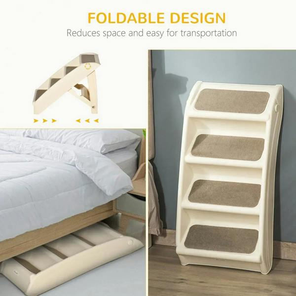 Beige foldable pet stairs with gray non-slip steps placed beside a bed