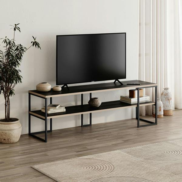 Decortie Modern TV Unit 140cm Open Shelf Design w/Plywood Edge, Black Metal Frames TV Stand up to 55' TVs Living Room