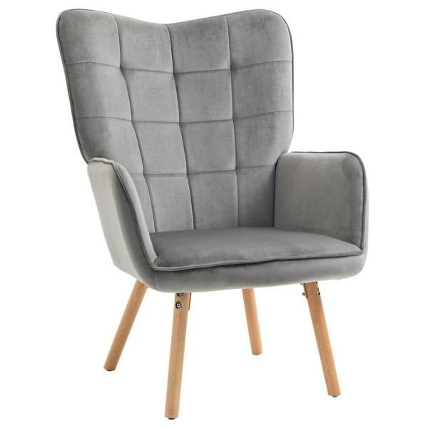 Grey upholstered wingback accent chair with tufted back, padded seat, and wooden legs