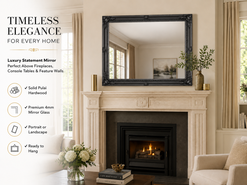 Downton Interiors Antique Style Extra Large Black Wood Frame Wall Mirror 106cm x 75cm