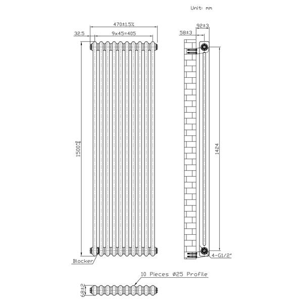 Monstershop Traditional 2 Column Radiator - 1500 x 470mm - Raw Metal