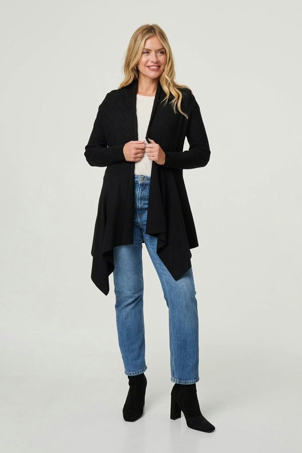 Black | Longline Curve Hem Open Front Cardigan
