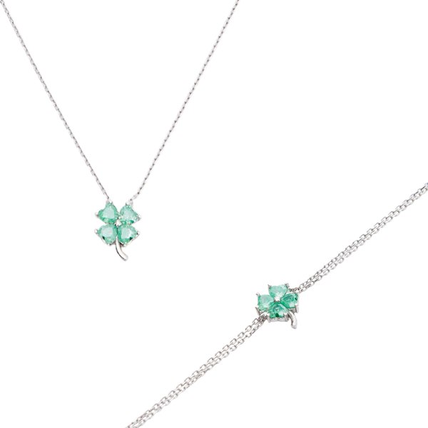 Spero London Four Leaves Clover Sterling Silver Bracelet and Necklace Set in Green