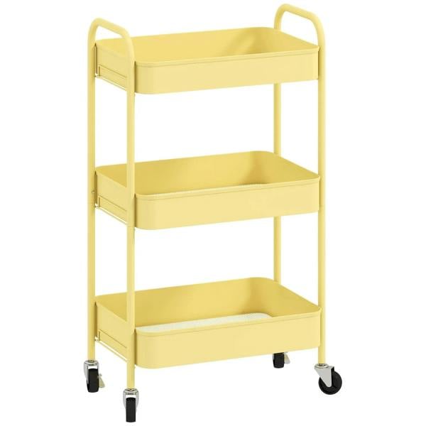 Yellow three-tier steel storage trolley with open shelves and four caster wheels