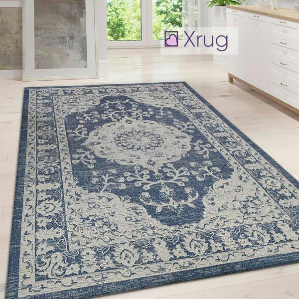 Cotton Rug Machine Washable Navy Blue Grey Oriental Pattern Flat Weave Carpet Runner Large Small