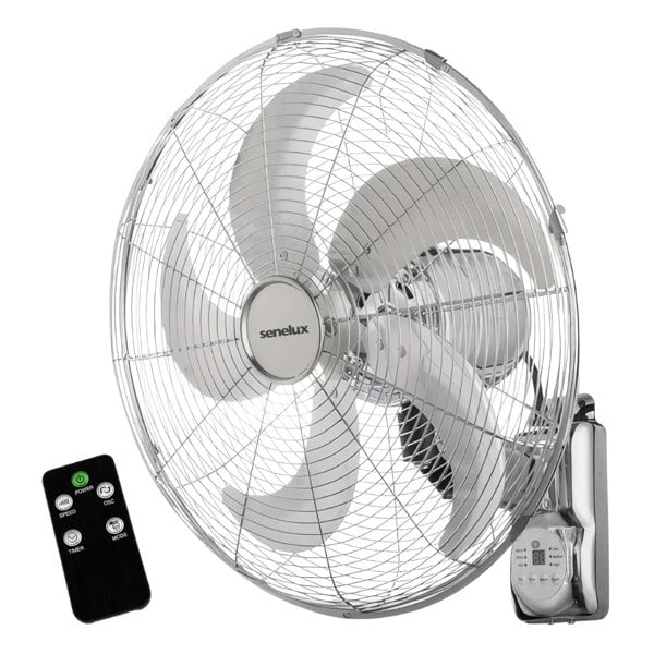 A close up of the Senelux chrome wall mounted fan with the optional remote shown on the lower left hand side of the image