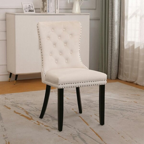 Neo Set of Four Studded Natural Velvet Dining Chairs with Ring Knocker Detail