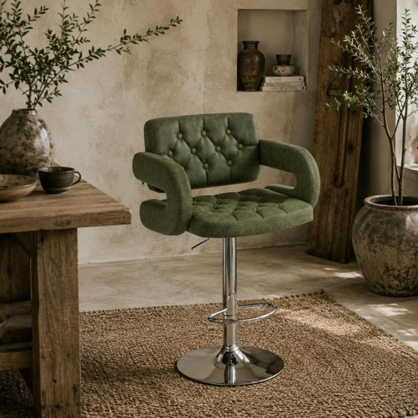 Wyld Haus Dovetti Green Faux Leather Adjustable Swivel Bar Stool With Arm Support