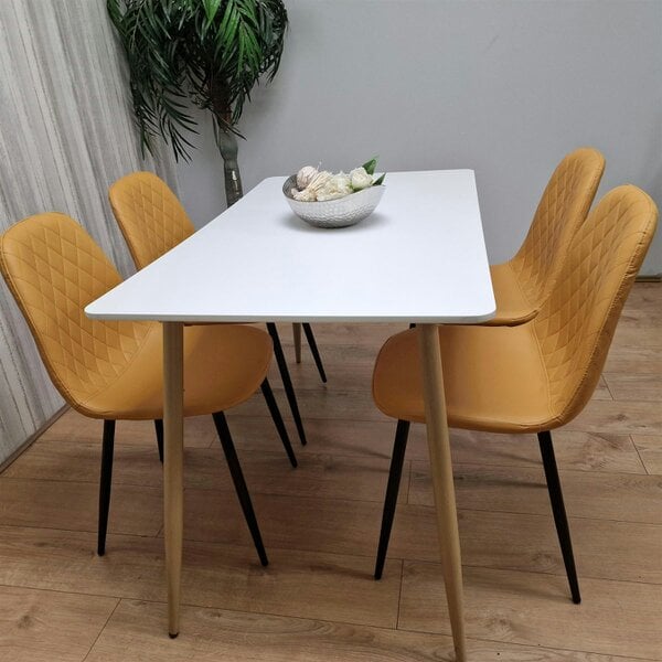 Kosy Koala Wooden Dining Table with 4 Mustard Gem Patterned Chairs White Table with Mustard Chairs