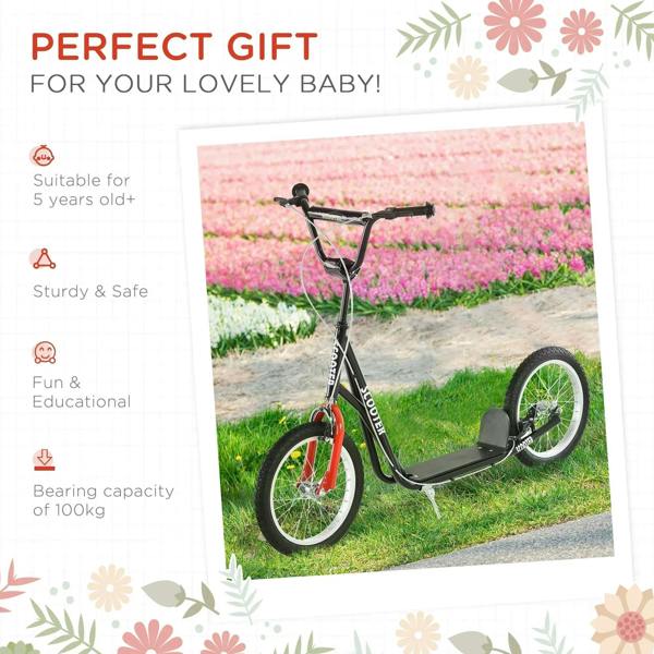 Black kids kick scooter with black deck and rubber tires, adjustable handle
