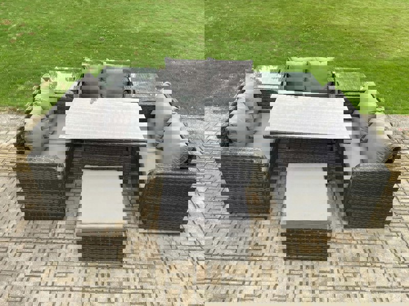 Fimous Rattan Garden Outdoor Furniture 3 PC Love Sofa Set Patio Adjustable Rising lifting Dining Table With 2 Side Tables Big Footstool