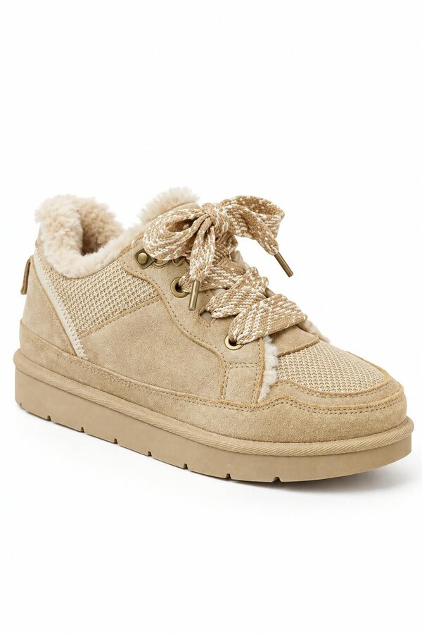 Love Lemonade Hudson Comfort Faux Suede Check Lace Faux Fur Lined Trainers Mocha