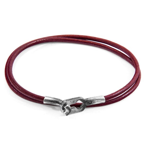 Anchor & Crew Bordeaux Red Tenby Silver and Round Leather Bracelet