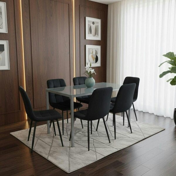 Kosy Koala Modern Rectangle Grey Glass Dining Table Set With 6 Black Velvet Chairs Dining Room Furniture